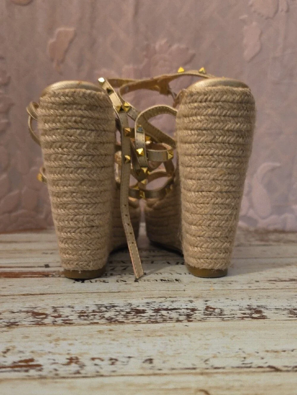 Gold Studded Espadrille Wedge Sandals - Women